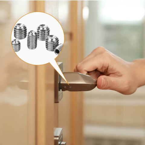 250-Piece Set Screw Kit For DIYers, Metric M3 Through M8, 304 Stainless Steel Cupped And Hex Head Grub Screws, installed in door knob
