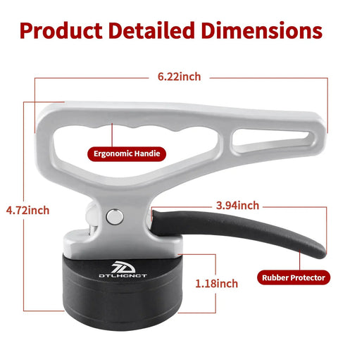 Dimensions of Heavy Duty Magnetic Pickup Tool With Quick Release Handle For Welding Positioning And Metalwork shown.