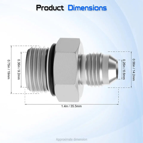 Hydraulic Hose Connector Three Eighths Inch JIC Thirty Seven Degree Flare Male To One Half Inch SAE ORB Male Adapter For No Drip Leak Free Easy Install High Pressure Hydraulic Line Connections Straight Fitting For JIC To O Ring Boss Systems, dimensioned side view