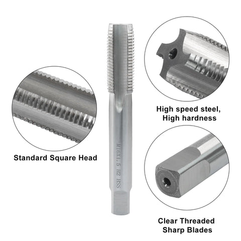 Close-up of 2 Pack M16 x 1.5 High Speed Steel Tap with square head and sharp threads for precision threading