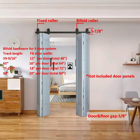 Space Saver Bi-Folding Barn Door Hardware Kit In Black Finish For Four Interior Doors, 75-1/2 Inch Rail Installation View