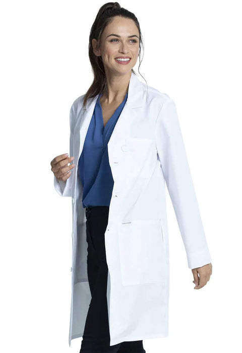 Plus Size White Lab Coat For Men And Women With 3 Pockets And 38 Inch Center Back Length CK460 3XL Workhorse Unisex Medical Coat Notched Lapels And Four Button Front Comfortable Fit, shown on a person