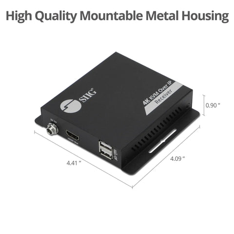 Solid Hdmi Kvm Over IP Receiver Locking In 4K At 30Hz With Up To 394 Foot Range For Cat6 Cables shown with metal housing dimensions.