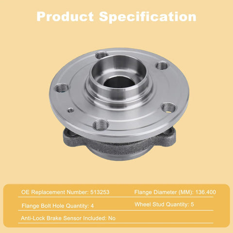 Two Front And Rear Wheel Hub Bearing Assemblies 513253 Direct Replacement Kit for VW and Audi, shown with specs.