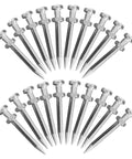 Set of 20 silver Lawn Aerator Shoes Spikes Replacement Pegs 1.77 Inch Metal Stakes arranged in a circle, durable for soil aeration.