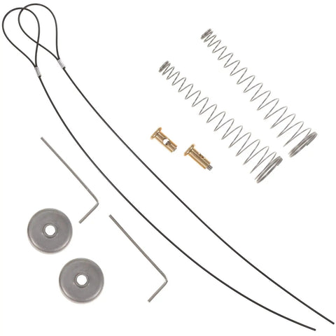WUUWCHODC 2 Sets Spring Gate Latch Replacement Kit for Wood Fence components including springs, cables, and metal fittings.