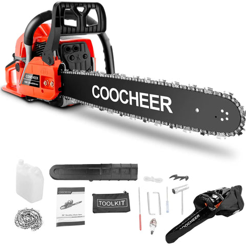 Beast 62cc Gas Chainsaw With 20 Inch Bar For Heavy Wood Cutting And Tree Trimming On The Farm, includes toolkit and bag.