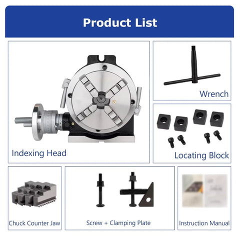 Ultra Compact Indexing Head With Kickass Four Jaw Control And Smooth 360 Dial, includes wrench, locating blocks, and manual.