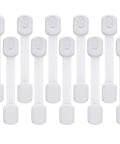 Tot Smart Baby Proofing Cabinet Locks And Tough As Nails Child Safety Drawer Latches For Kitchen Fridges Doors With Strong Grip Adhesive Straps Easy Peasy Install 10 Piece Kit, white plastic latches arranged in a row.