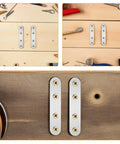 Flat Mending Plates 18 Pack Stainless Steel Brackets on a wooden surface with tools for easy install and repair projects.