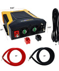 Heavy Duty 3000 Watt Power Inverter With Slick Bluetooth Connectivity And Snappy Usb Fast Charge Plus Four Knockout Ac Outlets, showing size dimensions and output cables.