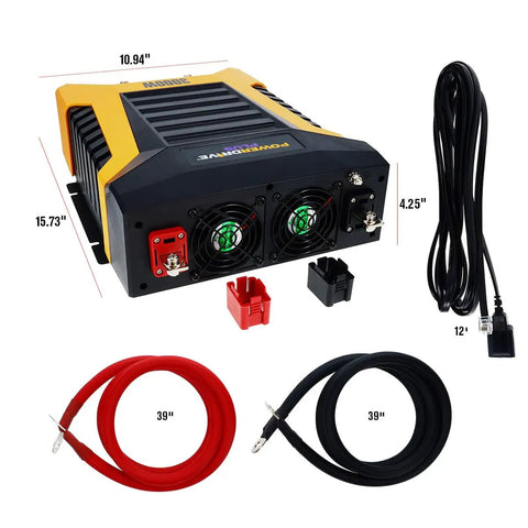 Heavy Duty 3000 Watt Power Inverter With Slick Bluetooth Connectivity And Snappy Usb Fast Charge Plus Four Knockout Ac Outlets, showing size dimensions and output cables.