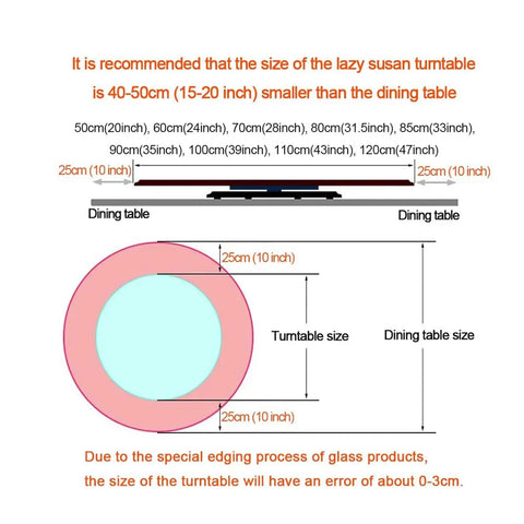 Diagram showing size recommendation for Glass Lazy Susan Rotating Turntable Tray With Smooth 360 Degree Spin For Dinner Table And Kitchen
