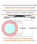 Diagram showing size difference between dining table and Smooth 360 Degree Lazy Susan Turntable Tray Made From Clear Tempered Glass.