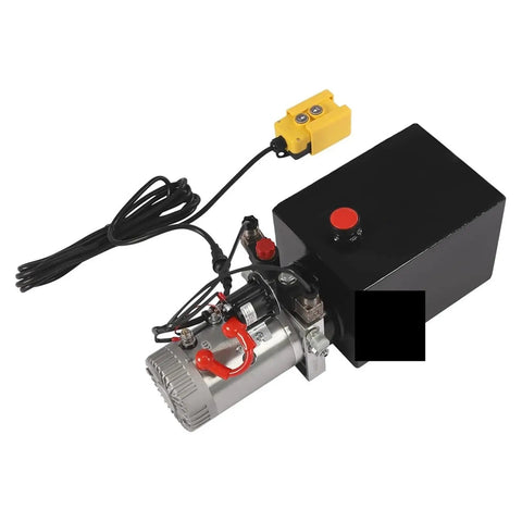 Heavy Duty 24V Hydraulic Power Unit 1500 PSI with black reservoir and valve, perfect for garage lifting and pressing jobs.