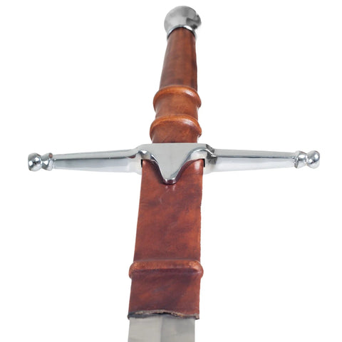 Close-up of Braveheart William Wallace Replica Sword Double Edged Medieval Longsword with metal hilt and leather-wrapped handle.