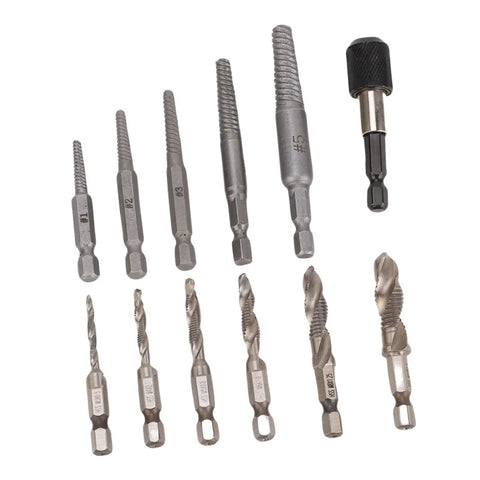 Awesome 11 Piece Screw Extractor Set For Easy Removal Of Broken Bolts And Damaged Threads Perfect For Drilling And Repairing Aluminum And Hard Plastic Mechanical Jobs With Handy Storage Box, 11-piece alloy steel bits