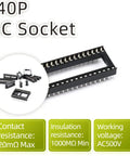 8 Pack 40 Pin DIP IC Socket Adapters 2.54mm Pitch, dual row design, with specifications on resistance and voltage