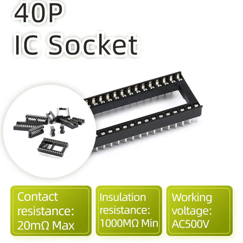 8 Pack 40 Pin DIP IC Socket Adapters 2.54mm Pitch, dual row design, with specifications on resistance and voltage