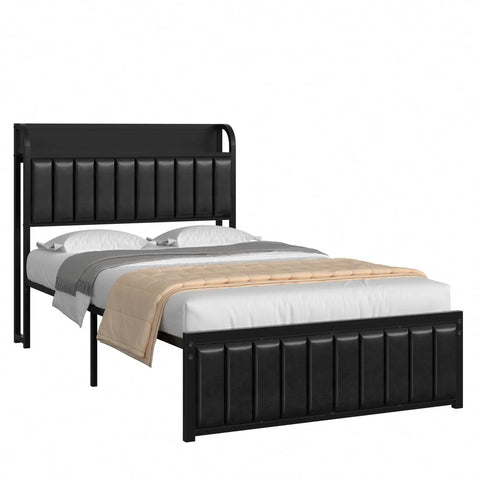 Chic Twin Platform Bed Frame With Upholstered Storage Headboard And Built In Charging Hub Heavy Duty Metal Slats No Box Spring Needed Straight Up Noise Free No Sweat Setup Pure Black, side view of bed showcasing upholstered headboard.