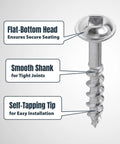 Close-up of Pocket Hole Screws 1-1/4 Inch Coarse Thread with Maxi-Loc Head and labeled features, zinc-plated carbon steel