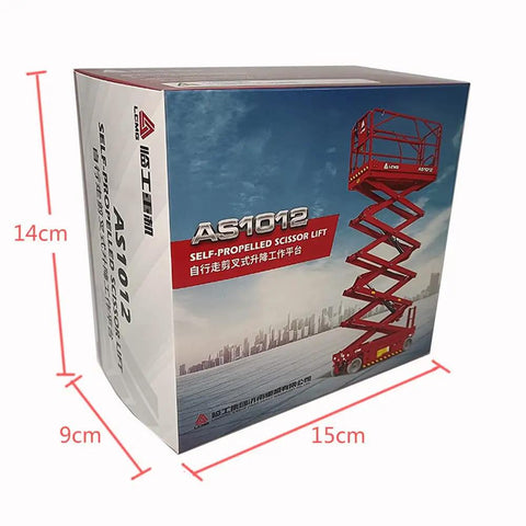 1 30 Scale Self Propelled Scissor Lift Model With Extendable Cylinders Push To Glide Skid Proof Deck Built In Access Ladder Hella Rugged Red Work Platform Replica For Garage Shelves packaging box with dimensions.