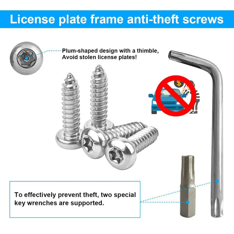 Anti Theft License Plate Screws Kit With Rustproof Stainless Steel M6 1/4 Inch Tamper Proof Fasteners, hex wrench included