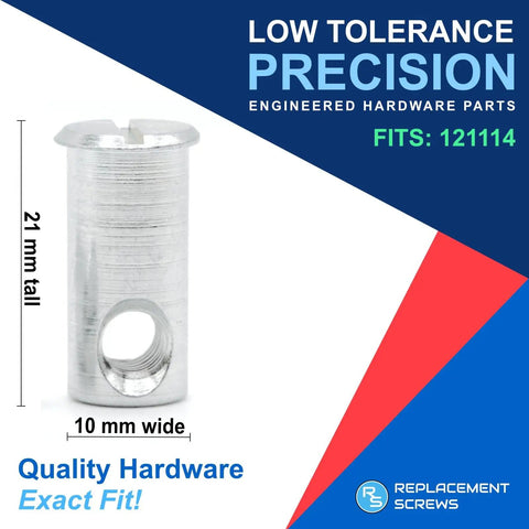 Rock Solid Replacement Flanged Cross Dowel Assembly Nuts compatible with Ikea Part 121114, 21mm height, 10mm width, precision hardware.