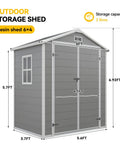 6x4 Ft Resin Outdoor Storage Shed with Floor and Window, lockable door, shown with size dimensions