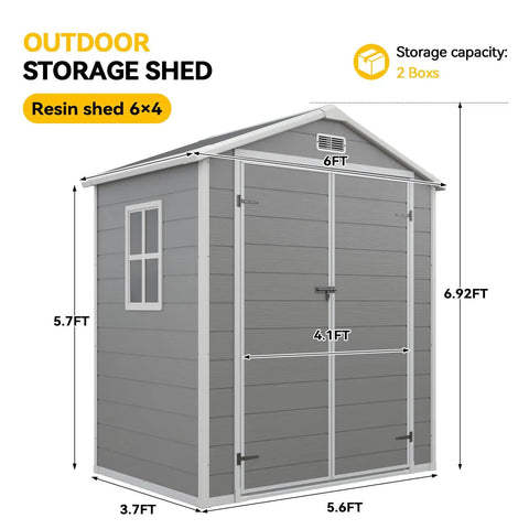 6x4 Ft Resin Outdoor Storage Shed with Floor and Window, lockable door, shown with size dimensions