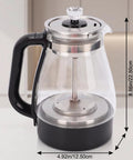 1 Liter Glass Electric Kettle With Keep Warm Function, Rapid Boil Tech, Auto Shut Off Safety, BPA-Free Borosilicate Build, And An Easy Pour Spout for your daily must have morning routine, displayed with measurements.