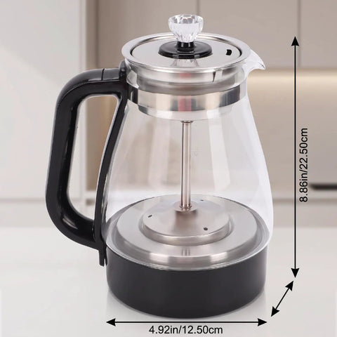 1 Liter Glass Electric Kettle With Keep Warm Function, Rapid Boil Tech, Auto Shut Off Safety, BPA-Free Borosilicate Build, And An Easy Pour Spout for your daily must have morning routine, displayed with measurements.