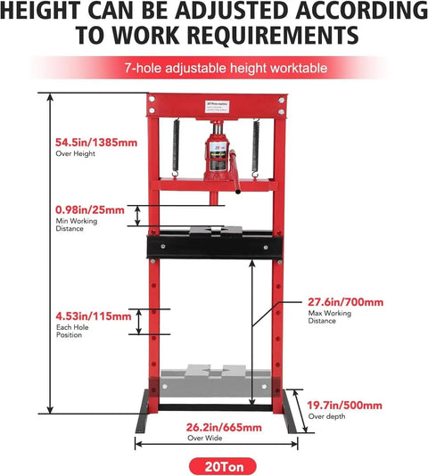 Beefy 20 Ton H Frame Hydraulic Shop Press With Adjustable Table Height for Metalworking and Auto Repair in red with measurements