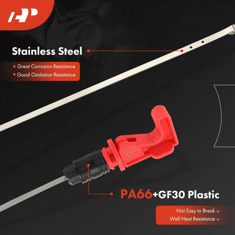 Automatic 4 Speed Transmission Dipstick For Chevy GMC And Cadillac Rigs, stainless steel and PA66+GF30 plastic, close-up view