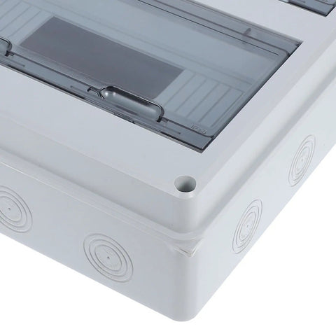 Close-up of Weatherproof Outdoor Electrical Box With 24 Circuit Distribution Panel Wall Mount Dustproof Junction Enclosure.