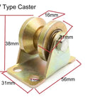 Built Tough All Steel V Groove Caster Wheel For Sliding Doors And Heavy Duty Garage Tracks With Smooth Rolling Bearings and Slick U Shaped Pulley Rig For Quick Fixes dimensions highlighted.