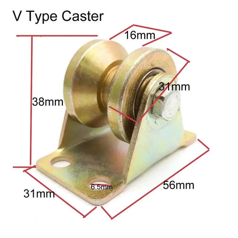 Built Tough All Steel V Groove Caster Wheel For Sliding Doors And Heavy Duty Garage Tracks With Smooth Rolling Bearings and Slick U Shaped Pulley Rig For Quick Fixes dimensions highlighted.