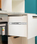 A kitchen drawer showing a 17mm Wide Two Way Drawer Slide Rail 342mm Length, demonstrating quiet and smooth extension.