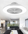 22 Inch White Modern Ceiling Fan With Light Remote LED Three Color Lighting in a sleek, modern living room setting