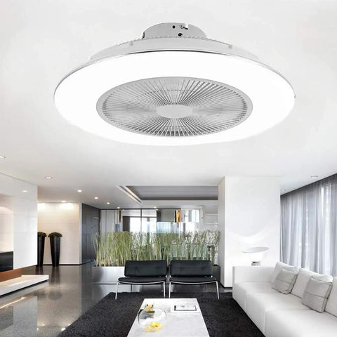 22 Inch White Modern Ceiling Fan With Light Remote LED Three Color Lighting in a sleek, modern living room setting