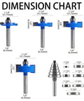 Top Shelf Four Piece Rabbet Router Bit Set With One Quarter Inch Shank and Six Interchangeable Bearing Inserts for Smooth Fine Carpentry Work Heavy Duty Solid Carbide Construction dimension chart with sizes.