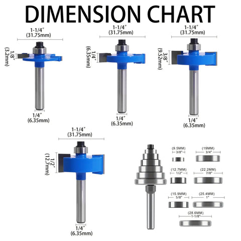 Top Shelf Four Piece Rabbet Router Bit Set With One Quarter Inch Shank and Six Interchangeable Bearing Inserts for Smooth Fine Carpentry Work Heavy Duty Solid Carbide Construction dimension chart with sizes.