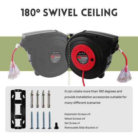 Beefy 45 Ft Retractable Extension Cord Reel With 12 AWG 3 Conductor SJTOW Heavy Duty Power Cable shown with 180° swivel mount