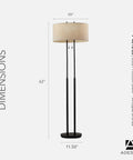 Duet Floor Lamp With Dual Pull Chains, Antique Bronze Finish, Taupe Fabric Shade, 62-Inch Tall, product dimensions shown.