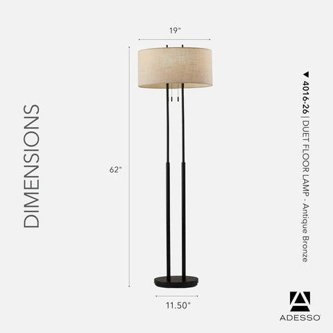 Duet Floor Lamp With Dual Pull Chains, Antique Bronze Finish, Taupe Fabric Shade, 62-Inch Tall, product dimensions shown.