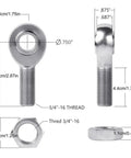 Pro Grade Chromoly Heim Joint Rod End Kit Two Piece Set with Left Thread measurements and sealed design for precise steering.