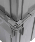 Close-up of stacked Industrial Plastic Storage Tote With Hinged Attached Lid 2 Pack Built Tough Heavy Duty Stackable Totes in gray