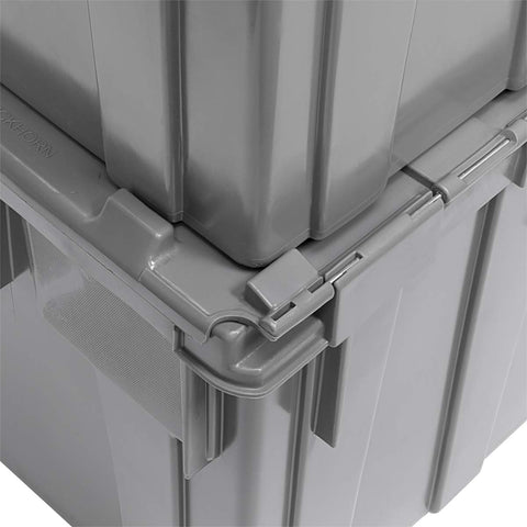 Close-up of stacked Industrial Plastic Storage Tote With Hinged Attached Lid 2 Pack Built Tough Heavy Duty Stackable Totes in gray