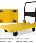 Heavy Duty Folding Platform Truck With Swivel Caster Wheels And Reinforced Plastic Deck For Hassle Free Moving Of Parcels Tools And Office Chairs Smooth Rolling Side Loader Makes Heavy Loads Go Like A Champ, yellow cart with folding design.