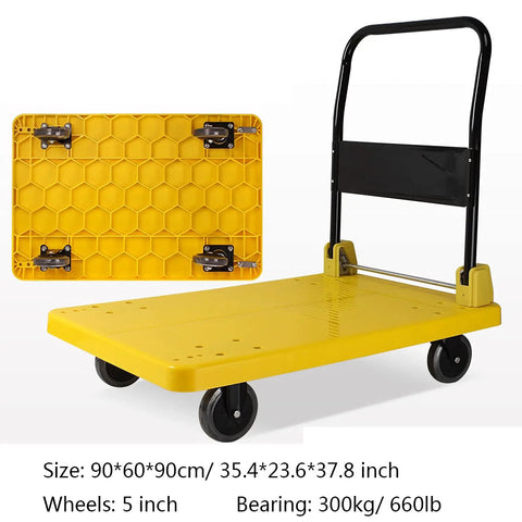 Heavy Duty Folding Platform Truck With Swivel Caster Wheels And Reinforced Plastic Deck For Hassle Free Moving Of Parcels Tools And Office Chairs Smooth Rolling Side Loader Makes Heavy Loads Go Like A Champ, yellow cart with folding design.